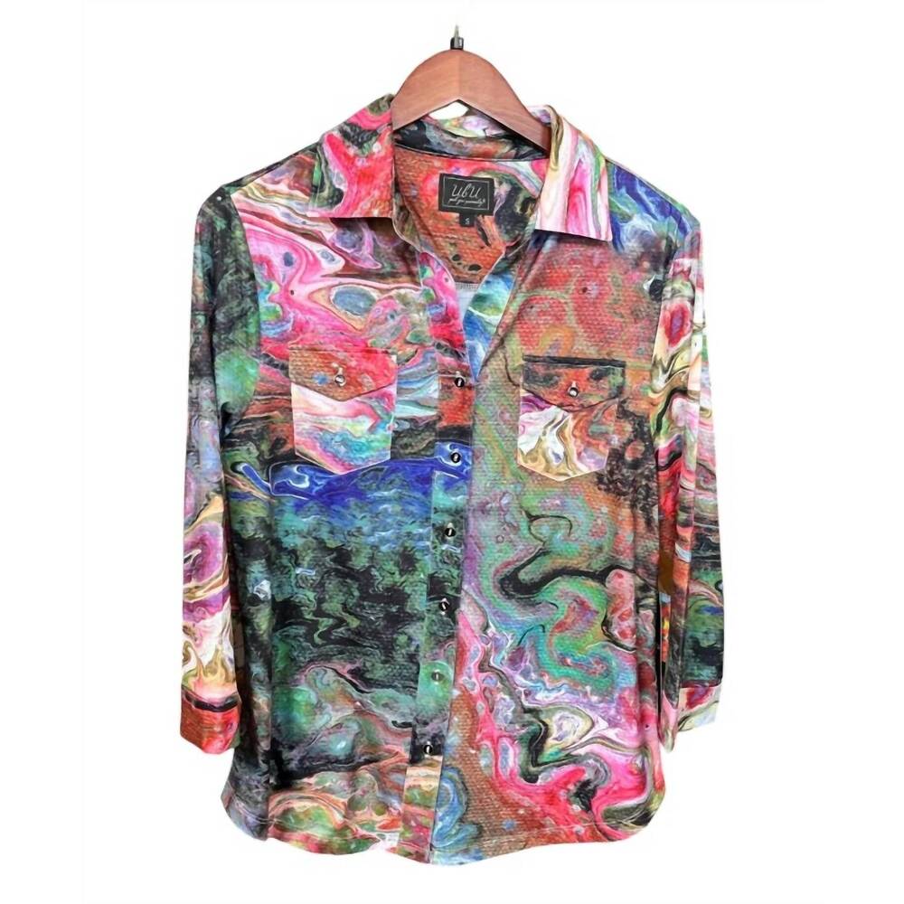 NEW UBU women's 3/4 sleeve button front shirt in pattern with miles to go